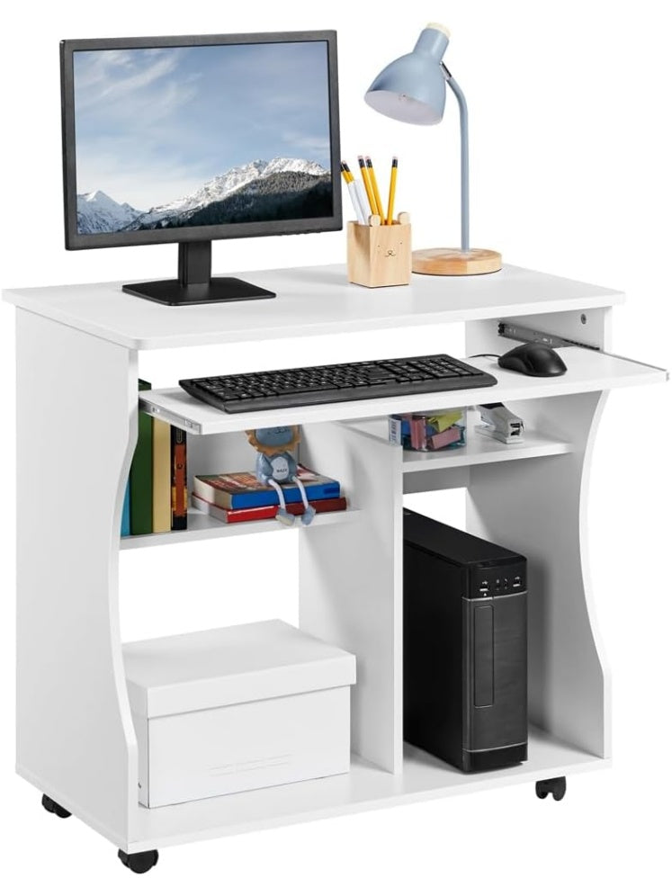 Mobiler Computertisch mit vier Ablageflachen in Weiss fur Buro Homeoffice und Arbeitszimmer