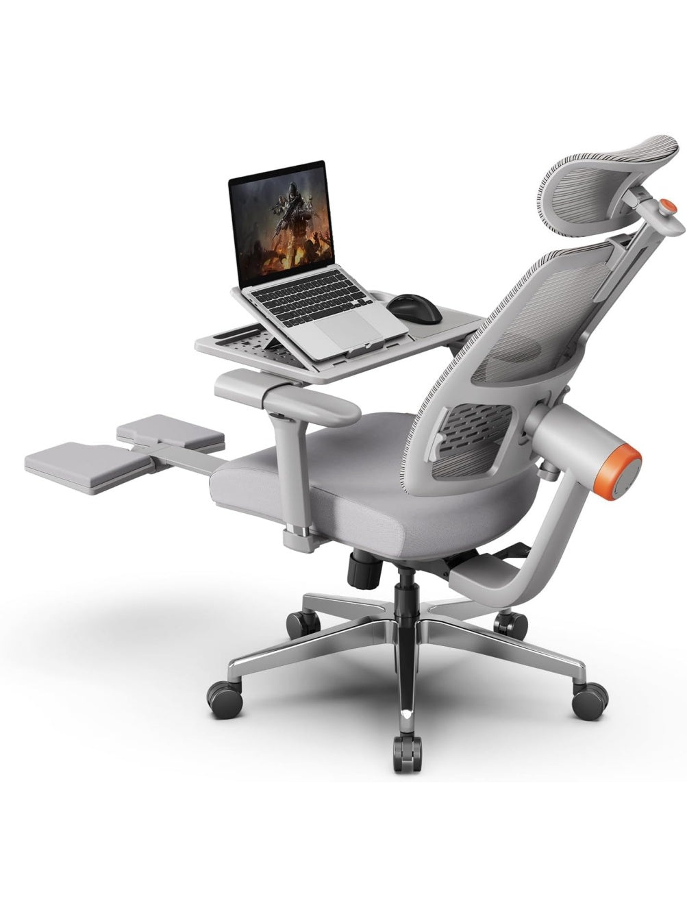 Ergonomischer Burostuhl mit Fussstutze dynamischer Kopfstutze und Lendenstutze in Grau