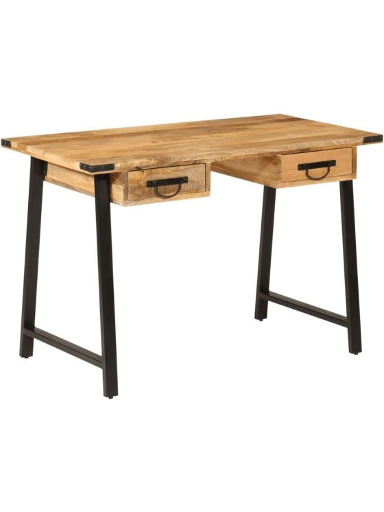 Massivholz Schreibtisch aus Mangoholz 105 x 55 x 70 cm mit Schubladen und Eisenbeinen im naturlichen Design