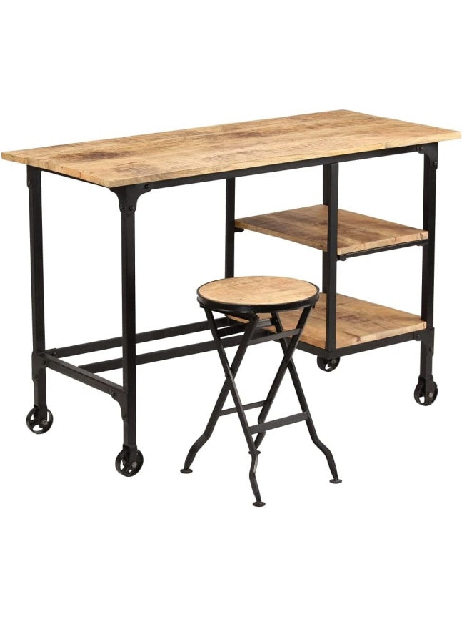 Massivholz Schreibtisch aus Mangoholz 115 x 50 x 76 cm mit Klapphocker zwei Regalboden und Rollen im Vintage Stil