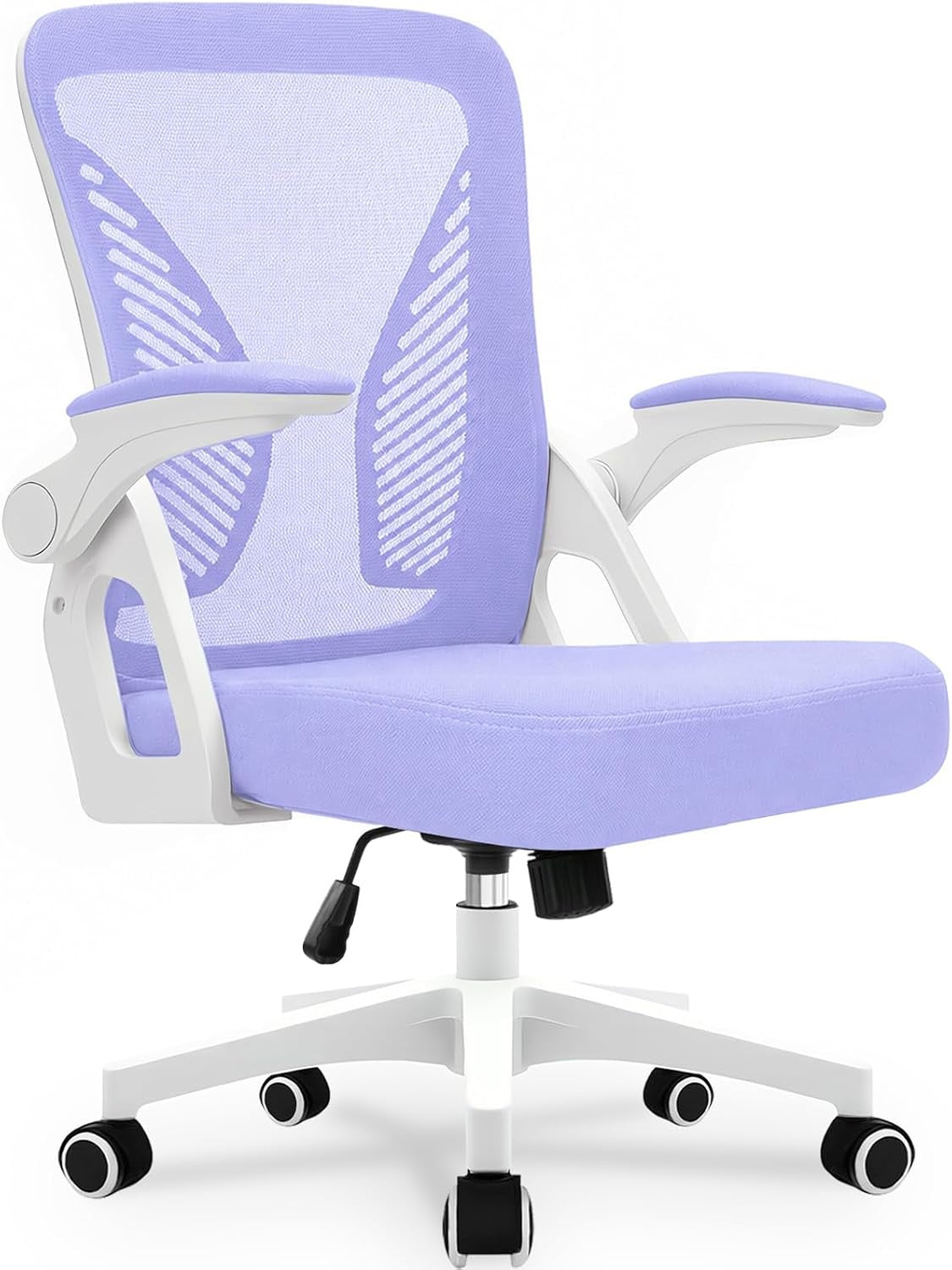 Burostuhl mit ergonomischer Mesh Ruckenlehne klappbaren Armlehnen und Wippmechanik in Violett
